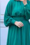 Gizli Düğmeli Kemerli Elbise- Yeşil