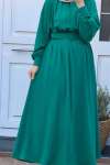 Gizli Düğmeli Kemerli Elbise- Yeşil