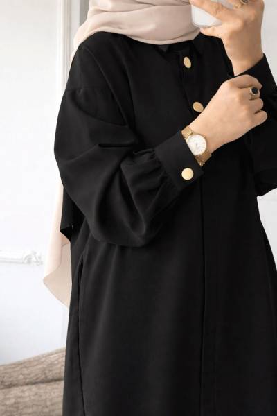 Gizli Düğmeli Uzun Kap - Siyah