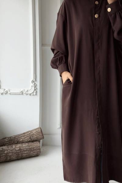 Gizli Düğmeli Uzun Kap - Kahverengi