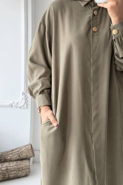 Gizli Düğmeli Uzun Kap - Soft Yeşil