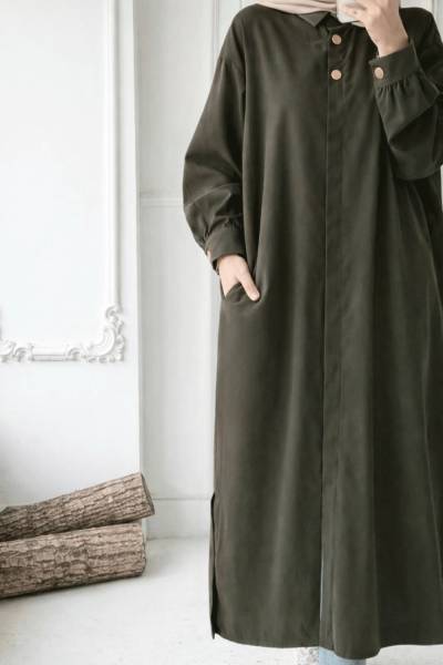 Gizli Düğmeli Uzun Kap - Koyu Haki