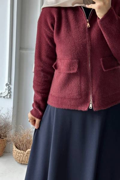 Gömlek Yaka Fermuarlı Ceket - Bordo