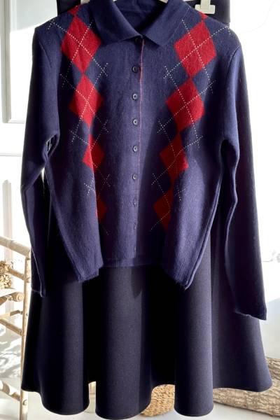 Gömlek Yaka Düğmeli Hırka - Lacivert - Kırmızı