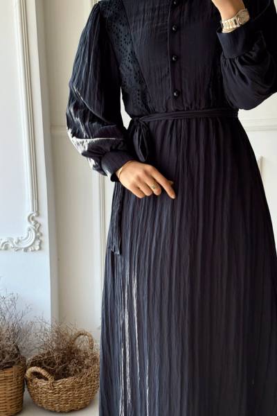 Güpürlü Beli Lastikli Elbise - Lacivert