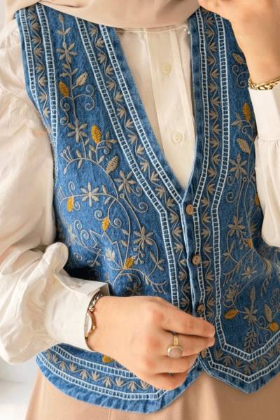 İşlemeli Kot Yelek - Mavi