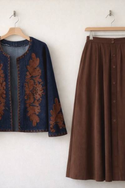 İşlemeli Denim Ceket - Kahve