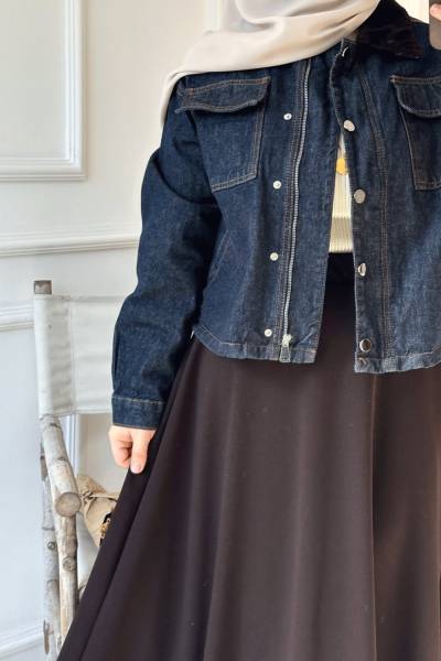 Kadife Yaka Kot Ceket- Lacivert