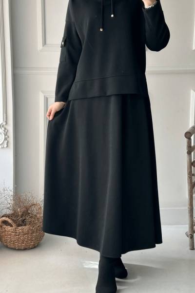 Kapüşonlu Sweatshirt - Etekli Takım - Siyah