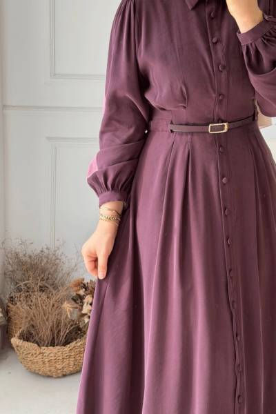 Kemer Detaylı Elbise - Mürdüm