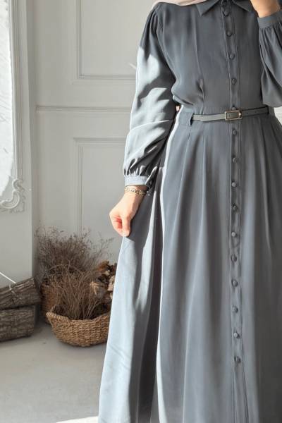 Kemer Detaylı Elbise - Dumanlı Haki-Gri
