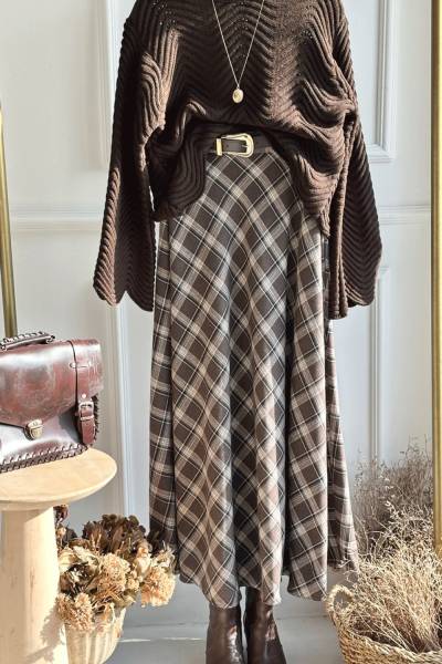 Kemer Hediyeli Ekose Etek - Kahverengi