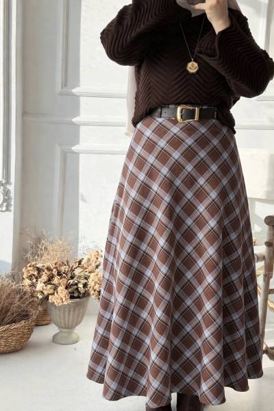 Kemer Hediyeli EKose Etek - Kahve - Mavi