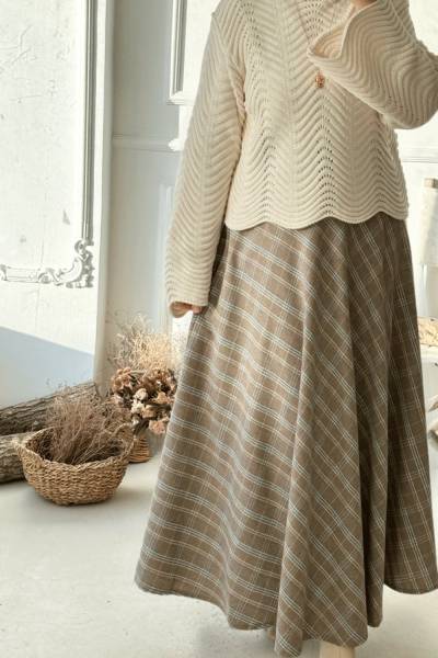 Kloş Kesim Ekose Etek - Vizon