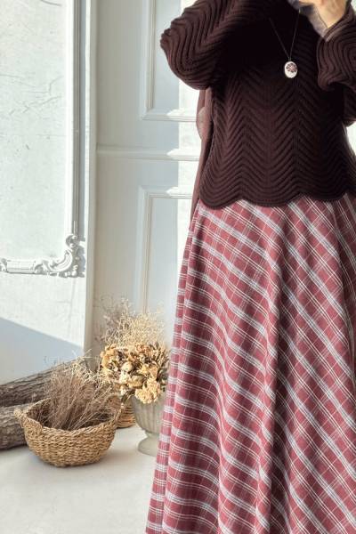Kloş Kesim Ekose Etek - Bordo