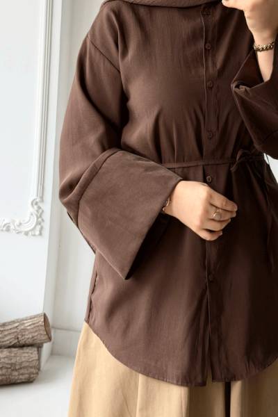 Kol Detaylı Bağcıklı Gömlek - Kahverengi