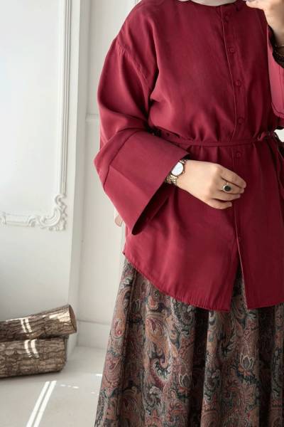 Kol Detaylı Bağcıklı Gömlek -Bordo
