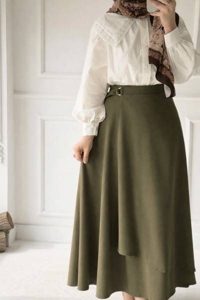 Krep Anvelop Kloş Etek - Haki