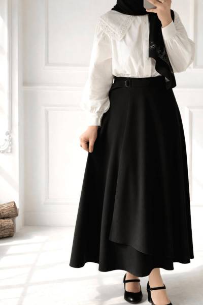 Krep Anvelop Kloş Etek - Siyah