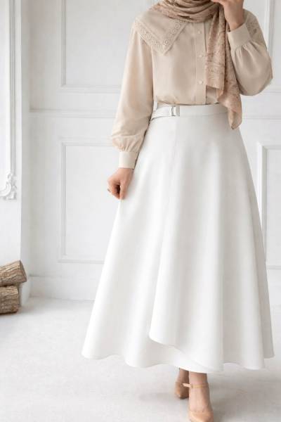 Krep Anvelop Kloş Etek - Beyaz