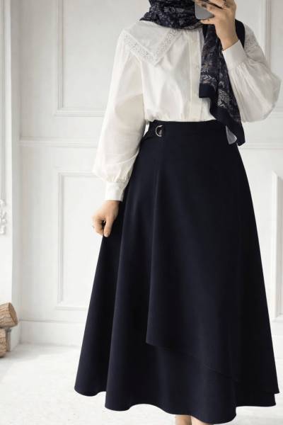 Krep Anvelop Kloş Etek - Lacivert
