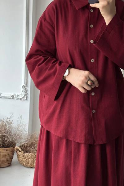 Kuşaklı Keten Takım - Bordo