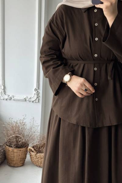 Kuşaklı Keten Takım - Kahverengi