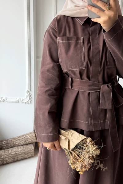 Kuşaklı Denim Takım - Kahverengi