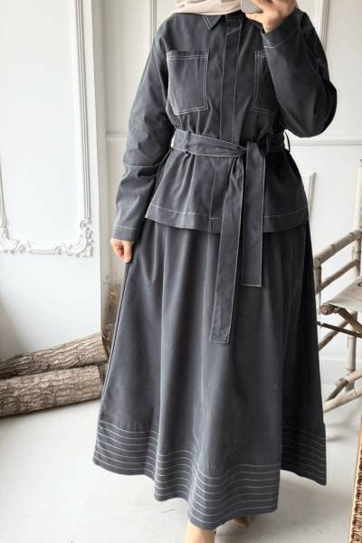 Kuşaklı Denim Takım - Füme