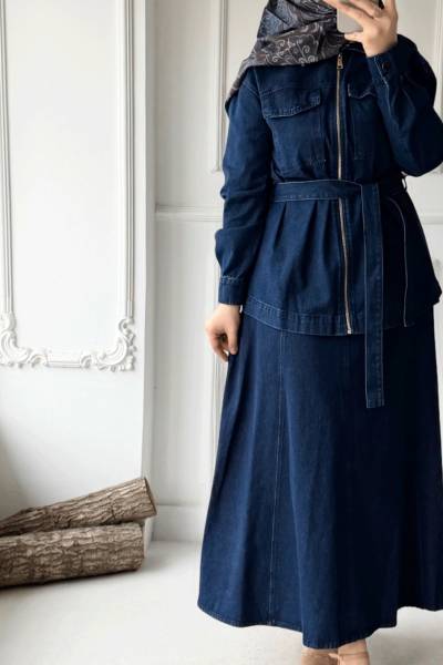 Kuşaklı Denim Etekli Takım- Lacivert