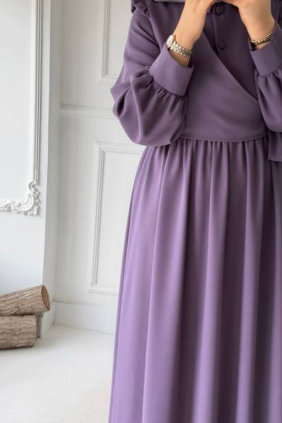 Omuz Fırfırlı Yandan Bağlamalı Elbise - Lila