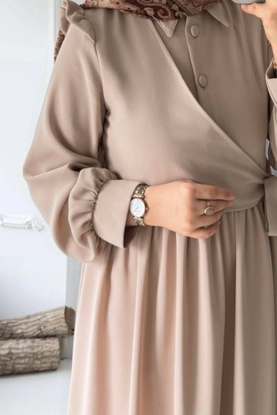 Omuz Fırfırlı Yandan Bağlamalı Elbise - Taş