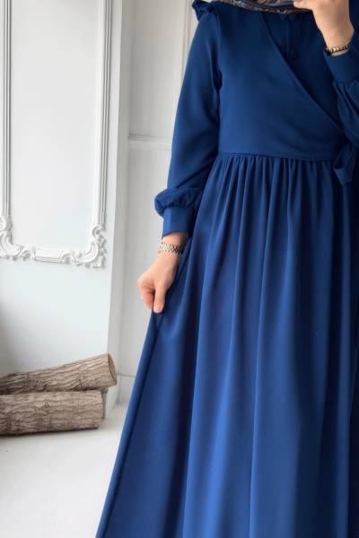 Omuz Fırfırlı Yandan Bağlamalı Elbise - Saks Mavisi