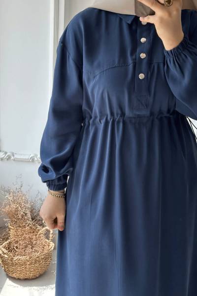 Önü Çıtçıtlı Beli Ayarlanabilen Elbise - Lacivert