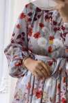 Önü Düğmeli Saten Çiçekli Elbise - Kiremit