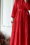 Önü Düğmeli Kat Kat Elbise - Kırmızı
