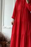 Önü Düğmeli Kat Kat Elbise - Kırmızı