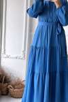 Önü Düğmeli Kat Kat Elbise - Mavi
