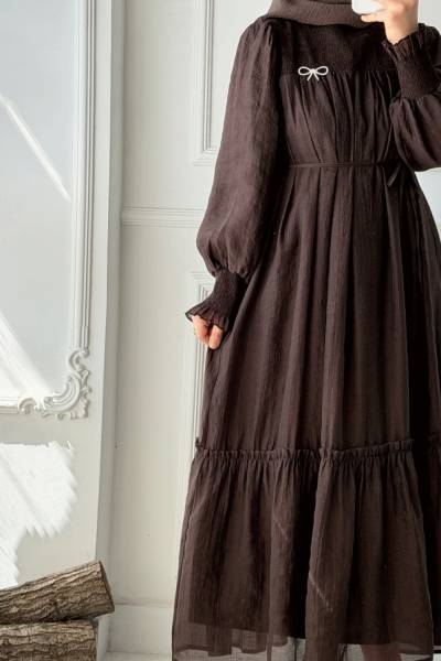 Önü Gipeli Kuşaklı Abiye - Acı Kahve