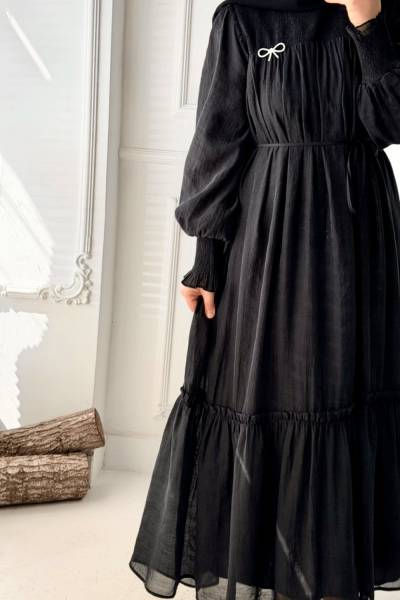 Önü Gipeli Kuşaklı Abiye - Siyah