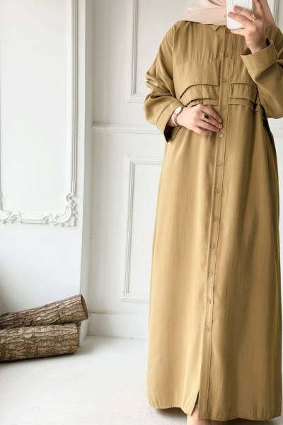 Önü Kat Kat Uzun Ferace - Olive