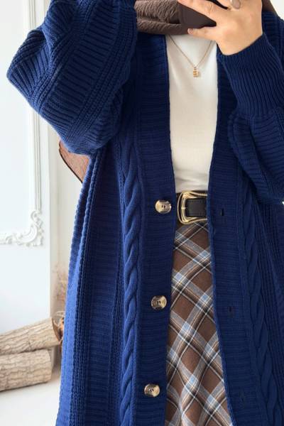 Örgü Desen Düğmeli Hırka -Lacivert