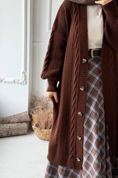 Örgü Desen Düğmeli Hırka -Kahverengi