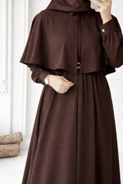 Pelerin Detaylı Ferace - Kahverengi