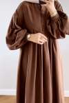 Pile Detaylı Keten Dokulu Elbise- Kahverengi