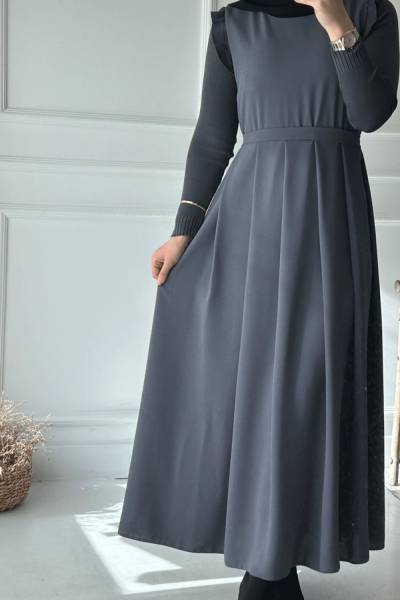 Pile Detaylı Kuşaklı Jile - Gri