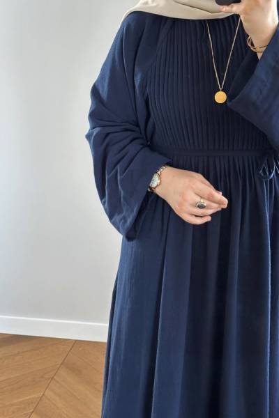 Pile Detaylı Keten Elbise - Lacivert