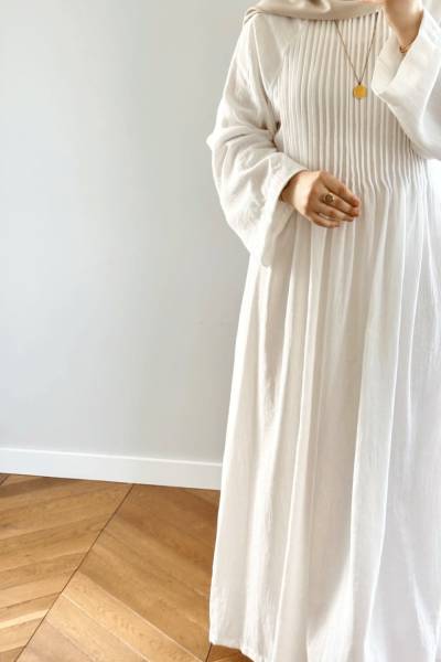 Pile Detaylı Keten Elbise - Beyaz