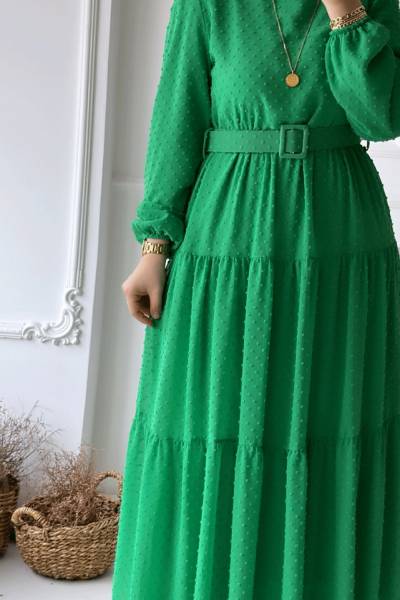 Pıtpıtlı Kemerli Elbise - Yeşil