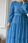 Pıtpıtlı Kemerli Elbise - Mavi
